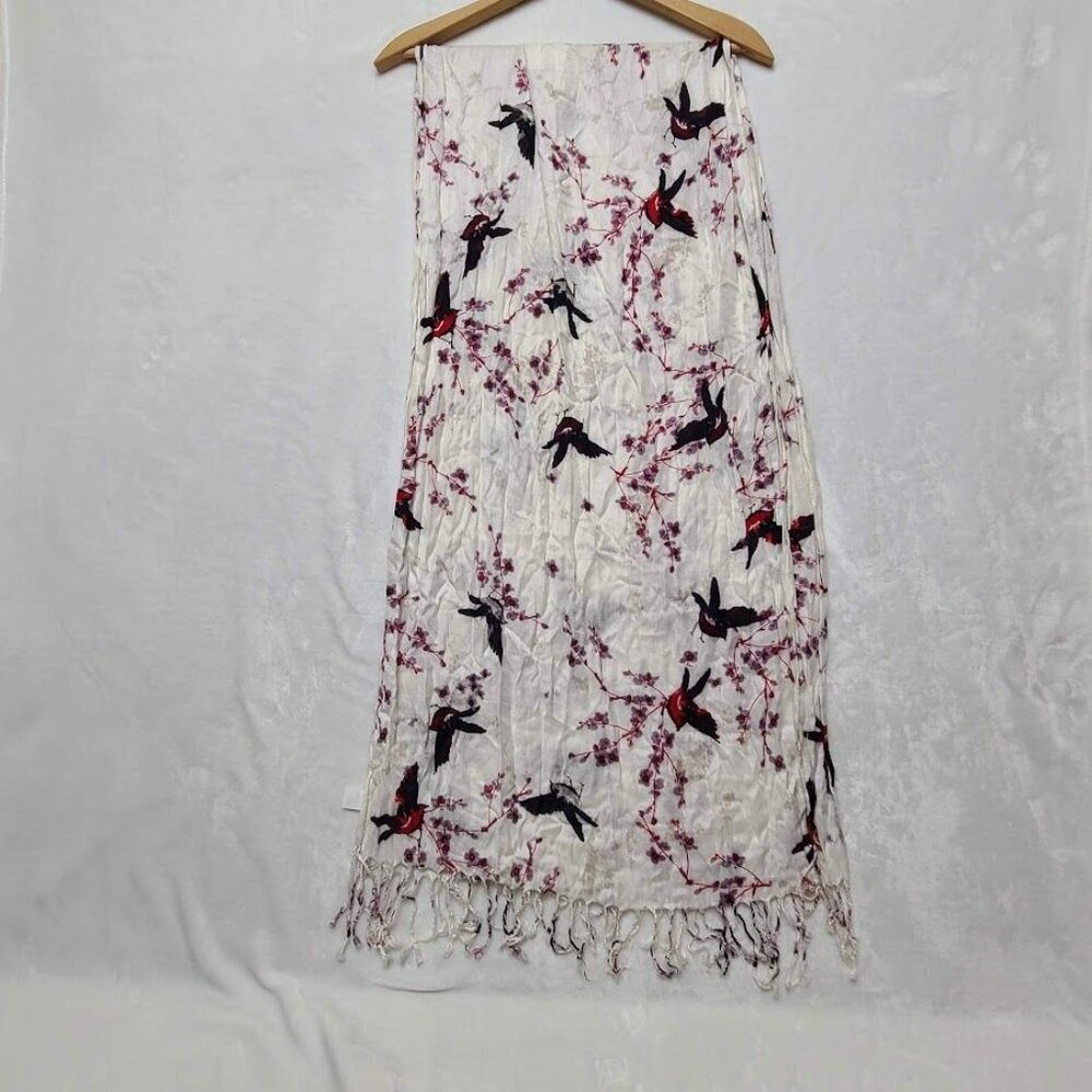 Womens Scarf Shawl Wrap White Floral with Red Black Birds Tassels Rayon - Picture 8 of 10